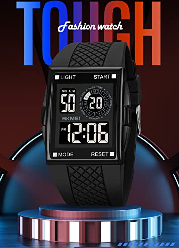 Gosasa Fashion Unisex Square Digital Watch Big Face Sport Outdoor Dual Time Countdown Electronic Watches Led Light Wristwatch for Men Women (Black)2