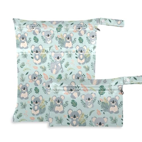 Coikll Wet Dry Bags for Cloth Diaper 2 Pack Waterproof Yoga Gym Bag for Swimsuit Wet Clothes Baby Items-?Koala and Leaves?