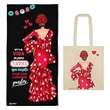 IllustrArte Pack Regalo Flamenco Toalla Microfibra “Macarena” con Frase 80x155 cm + Bolsa de Tela Cádiz “Macarena” – Diseño Flamenca – Playa, Piscina, Gimnasio y Regalo