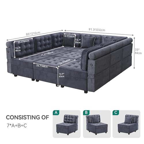 YITAHOME Blue-Gray 9-Seat Modular U-Shaped Sofa with Storage & USB Ports2