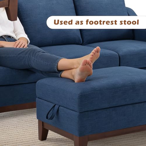 Image of Multifunctional Storage Ottoman with Flip-Top Table, Upholstered Soft Fabric Footrest with Storage Space, Stylish Coffee Table with Solid Wood Legs for Living Room, Blue