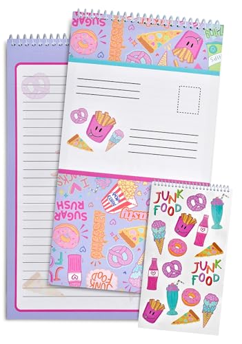 Image of iscream + Corey Paige Designs Fold and Send Girls Stationery - Candy Yum | 40 Pack, Fun Print, Spiral Bound, Large 10.5 inch x 5.75 inch Cards, Coordinating Sticker Sheets, Fold and Send, Summer Camp Ready