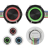 FILN 2PCS 19mm Momentary Push Button Switch 12v Ultra-Thin Touch Button Switches IP67 Waterproof 5V-24V with Plug-in Quick Connect Terminals Three Colors LED (Red or Green or Blue, Black Shell)