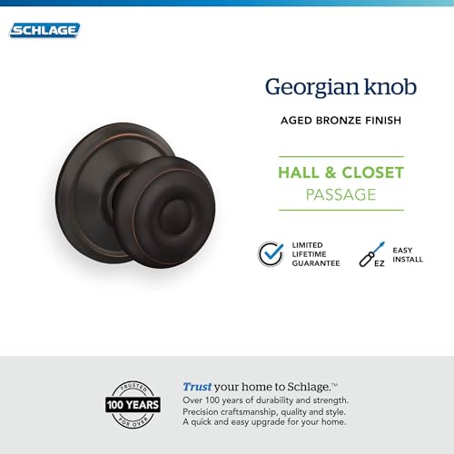 Image of Schlage F10 GEO 716 Georgian Door Knob, Hall & Closet Passage Lock, Aged Bronze