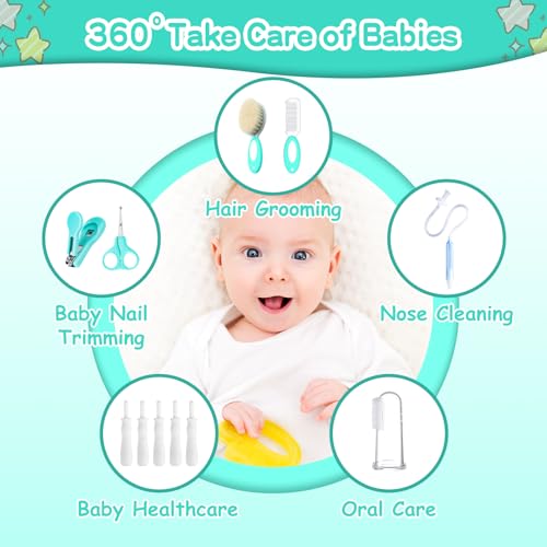 Baby Healthcare and Grooming Kit, 21 in 1 Portable Baby Essentials Kit with Gas Relief Hair Brush Comb Nasal Aspirator for Newborn Boys Girls (21 Kits-Green)