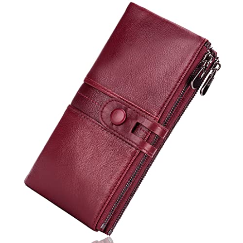 Roulens Cartera para Mujer con Bloqueo RFID, de Piel auténtica, con Cremallera, Monedero, Cartera de Mano, Cuero Genuino Rojo, L, Cartera RFID