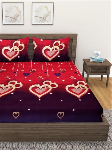 Image of Fashion String Microfibre Red Heart Corner Elastic Fitted Double Bedsheet (72x78 Inches) with 2 Pillow Covers