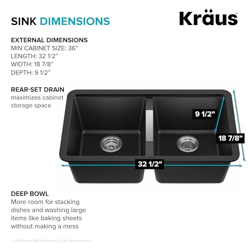 KRAUS Quarza 33-inch Undermount 50/50 Double Bowl Granite Kitchen Sink in Black Onyx, KGU-434B