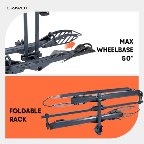 CyberRack E2 Hitch 2 E-Bike Rack with Ramp,200 lbs Capacity Electric Bike Carrier Foldable Platform Mount, Up to 5-inch Fat Tire Bicycle for 2'' Receiver Cars Trucks SUVs Minivans RV, Trailer