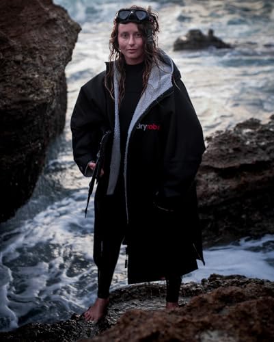 Dryrobe Advance Waterproof Changing Robe - LONG SLEEVE Oversized Change Robe Coat with Fleece Lining - Hooded Jacket for Beach, Wild Swimming, Surfing - Kids 10-13 - Black/Grey - Image 5