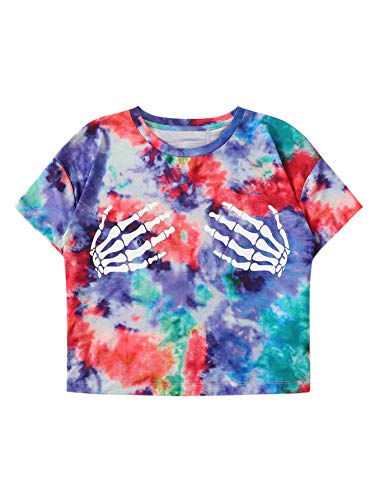 SheIn Women's Skeleton Hand Print Crop Top Tie Dye Funny Graphic T Shirt Medium