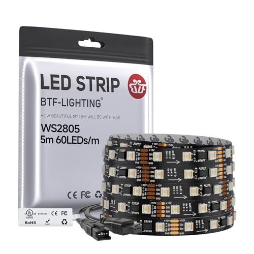 Image of BTF-LIGHTING WS2805 IC RGBCCT Addressable Dual Data LED Strip 5050SMD 16.4FT 60LED /m 20Pixel /m,UL Listed,5 Colors in 1 Chasing Color RGB+CCT 3000K-6500K IP30 DC12V(No Adapter or Controller)