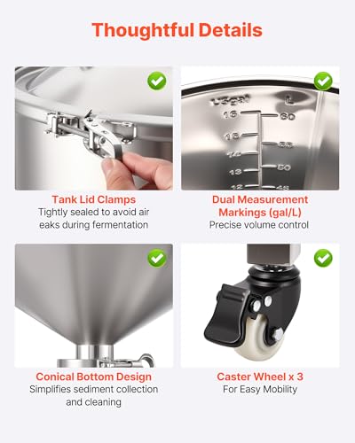 Image of VEVOR Pressure Fermenter 15 PSI, 16 Gal /60L All-in-One Stainless Steel Conical Secondary Fermentation Bucket, with Cooling Tube, Yeast Slurry Collection Bottle, for Wine, Beer Brewing Equipment
