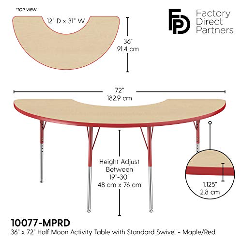 Image of FDP Half Moon Activity School and Office Table (36 x 72 inch), Standard Legs with Swivel Glides for Collaborative Seating Environments, Adjustable Height 19-30 inches - Maple Top and Red Edge