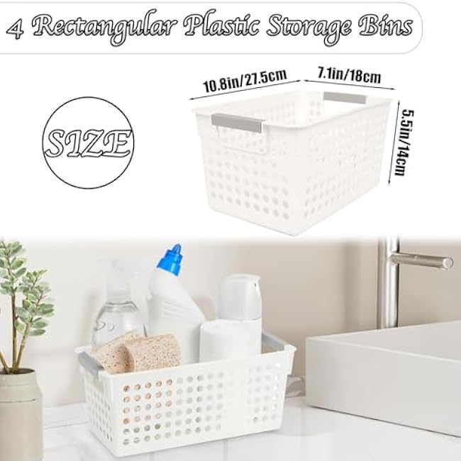 Plastic Storage Baskets, 4 Pack Narrow Organizing Baskets White Storage Bins With Handles Kitchen Storage Containers, Plastic Organizing Bins For Desk Garage Cabinet, 10.62 x 7.08 x 5.51 Inch
