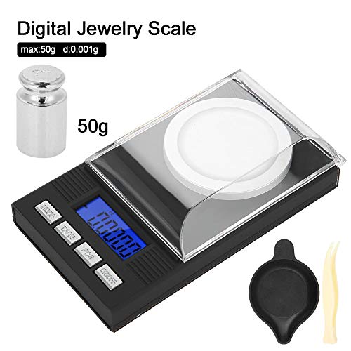 Bilancia Precisione 0,001g, Bilancia di Precisione Digitale Tascabile 50g/0,001g, Bilancia per Gioielli, con Pesi di Calibrazione e Pinzette per Laboratorio, Cucina, 15,5 × 8 × 2 cm