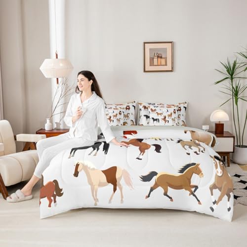 Image of Erosebridal Cartoon Horse Comforter Set 7 Piece Bed in a Bag Twin | Western Bedding Sets Cowboys Wildlife Farm Animals Comforter and Sheet Set, Rustic Farmhouse Bed Sets,Plain White
