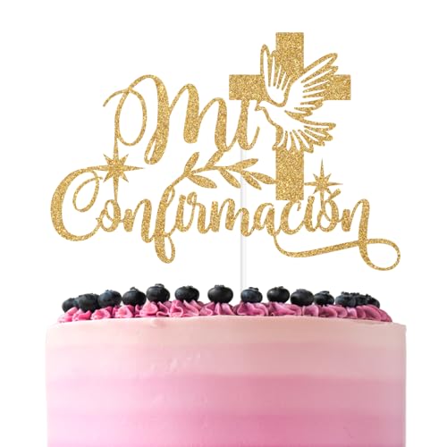 Gold Glitter Mi Confirmation Cake Topper, Spanish My Baptism/First Holy Communion, Baby Shower Baptism Christening Party Decorations Supplies