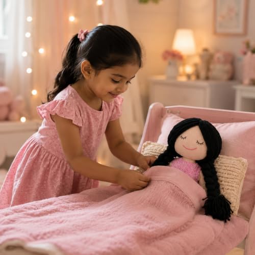 Image of Handcrafted Indian Rag Doll Set, Stitch Soft Toy Doll for Kids, Soft Cotton Fabric Yarn Cloth Doll, Traditional South Indian Soft Toys for Kids Room Decor (Pink, Dot and Net)