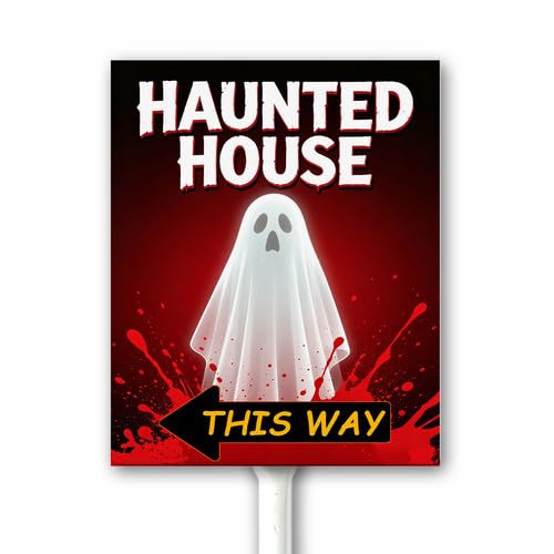 Halloween Outdoor Decor Sign Haunted House This Way With Left Arrow Funny Halloween Party Yard Decoration With Stake 18x22 CM Rust Free Aluminum