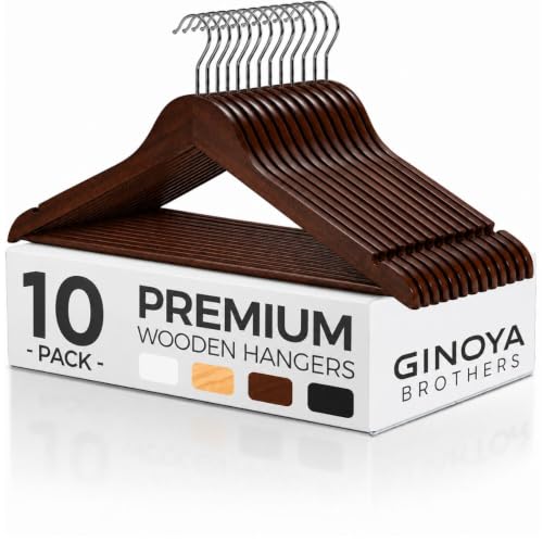 Image of GINOYA BROTHERS Walnut Wooden Suit Hangers 24 Pack with Non Slip Pants Bar - Smooth Finish Solid Wood Coat Hanger for Camisole, Jacket, Pant, Dress Clothes Hangers (Walnut: 10)