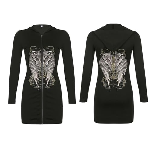 Ralondbey Hoodies Herbst Winter Langarm Sweatshirt Frauen Gothic Punk Reißverschluss Hoodies für Jacke Mini Bodycon Kleid Harajuku Vintage Engelsflügel Druck Paket Hüfte Sweatshirt Slim Cardigan