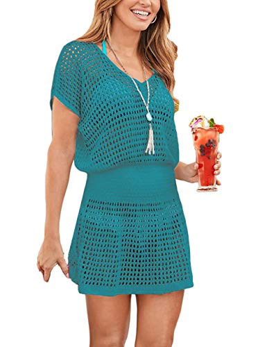 Bsubseach Women Hollow Out Beachwear Swim Cover Ups Short Sleeve V Neck Beach Vacation Tunic Dress Peacock Green
