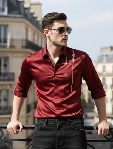 Image of IndoPrimo Men's Premium Satin Shirt for Party, Formal and Casual Wear - Stylish Designer Full Sleeve Shirt for Men