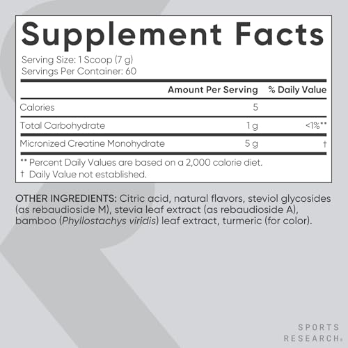 Image of Sports Research Creatine Monohydrate Powder 5g, Lemonade (15.8oz) | Gain Lean Muscle, Improve Performance & Strength & Support Workout Recovery | Sugar Free, Vegan, Non-GMO - 60 Servings