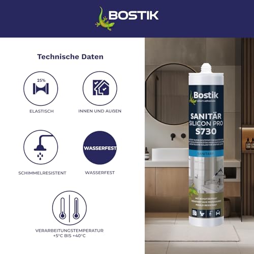 BOSTIK S730 Sanitär Silikon Pro Jasmin – Hochwertiges Acetat Sanitärsilicon mit Schutzeffekt, Lösemittelfrei, Alterungs- und Witterungsbeständig, Geeignet für Innen- und Außenbereich, 300ml