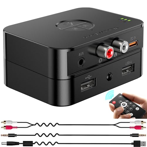 Bluetooth 5.4 Receiver for Home Stereo, Bluetooth Audio Adapter for HiFi Music Streaming, Wired Speakers, USB Flash, with AUX 3.5mm/RCA, Dual Link, 32 ftLong Range, Low Latency and HD Audio