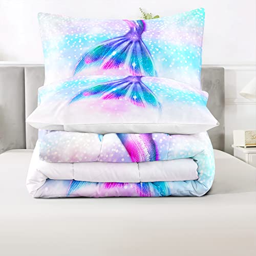 Sw Setwier Kids Duvet Queen Size Mermaid Quilt Cover Fish Scales Bedding Set Rainbow For Girls Children Teens Decorative Soft Microfiber Comforter With 2 Pillowcase 3Pcs #TOP2