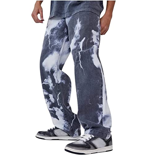 Men's Jeans Men's Basic Slim Fit Casual Pants Cargo Jeans Loose Skate Jeans, Adult Color Block Lightning Cloud Print Pants