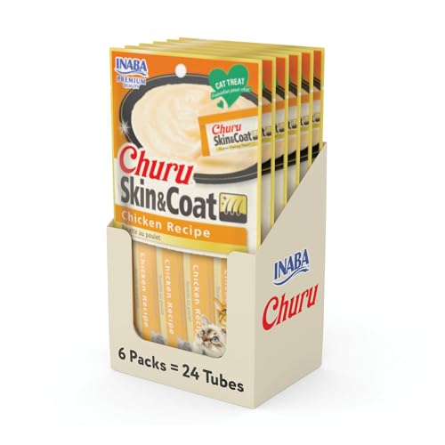 INABA Churu for Skin & Coat Lickable Squeezable Cat Treat with Omega Oils Taurine and Vitamin E 0.5 Ounces Each Tube 24 Tubes Chicken Recipe