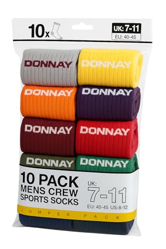 JOKOLO Donnay Men’s Crew Sports Socks 10 Pack (UK 7–11 | EU 40–45 | US 8–12) – Soft Cotton Blend, Ribbed Support, Reinforced Heel & Toe (UK, Numeric, 7, 11, Regular, Regular, Multicolour)
