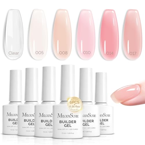Image of MelodySusie Builder Gel Nail Polish Set, Base Colors Nude Clear Pink 8 in 1 Nail Thickening Rubber Base Gel Polish,Soak Off UV Extension,Rhinestone Nail Glue in a Bottle Gift for Women 6 Colors