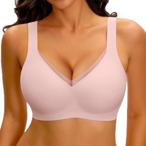 LUCKMEEY Jelly Wireless Bras for Women V Mesh Bralette with W-Shape Support, No Underwire Seamless Wide Strap T-Shirts Bra Pink Small
