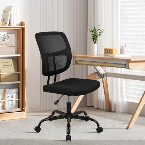 Image of CLATINA Home Office Chair No Arms with Wheels, Adjustable Height Small Desk Chair, Ergonomic Mesh Rolling Work Swivel Chairs, 360 Swivel Computer Chair for Office, Reading Meeting Room 2PK(Black)