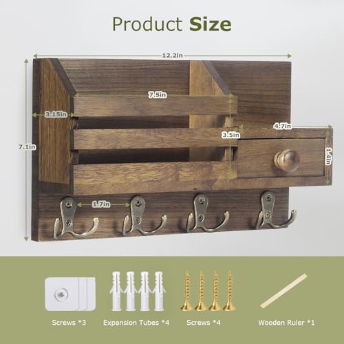 Image of Key Holder Wall Mount, Wooden Adhesive Mail and Key Organizer with Drawer, Small Shelf, 8 Hooks, 2 Installation Methods, Brown