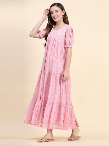 Toochki Women's Pink Georgette Floral Tiered Western Dress | Dress For Women | A Line Dress | Winter Dress | Western Dress | Latest Women Dress | Trendy Dress | Midi Dress