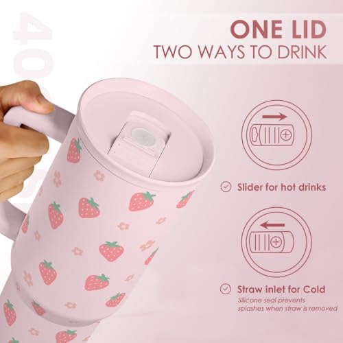 Image of SANDJEST Strawberry Tumbler with Handle 40oz - Insulated Stainless Steel Travel Coffee Mug Cup for Girls Women, Gift for Christmas, Birthday