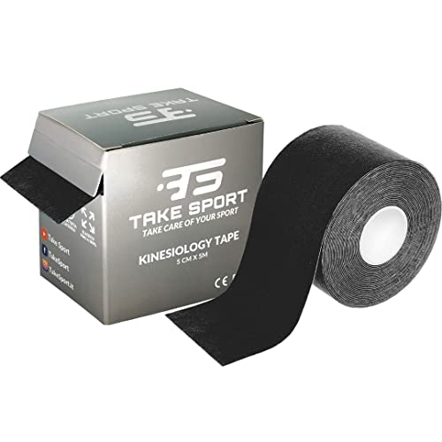 TS Take Sport® Kinesiology Tape 5 cm x 5 m – 1 rollo negro elástico, kinesiotape de algodón y elastano, cinta kinesiológica adhesiva, vendaje neuromuscular, ideal fisioterapia, crossfit, fútbol, boxeo