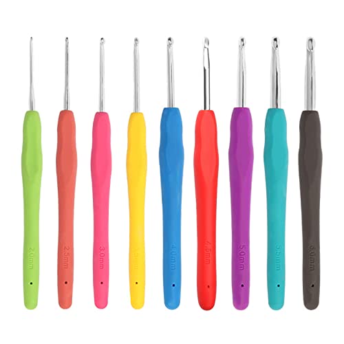 iJiGui Set of 9 Crochet Hooks in Different Sizes Crochet Hooks Multicolored Aluminum Crochet Needles 2mm ~ 6mm Ergonomic Knitting Needles Soft Non-Slip Rubber Grips