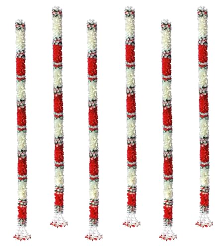 Image of Artificial White Gajra Jasmine & Colourful Flower Strings for Wedding Decorations, Event Decor Perfect for Diwali, Ganpati & Pooja /Temple /Mandir Decoration, 5ft (6, Red - 5ft)