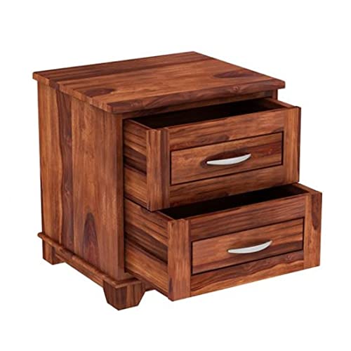Image of Solid Sheesham Wood Bedside Table with 2 Drawers | Wooden Nightstand for Bedroom | Bed Side Table with Storage | Natural Finish