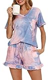 Vlazom Damen Pyjama Set Sommer Schlafanzug V-Ausschnitt Zweiteiliger Schlafanzug für Frau en Kurze Schlafanzughose mit Kordelzug&Taschen(L,Stil A-helles Lila)