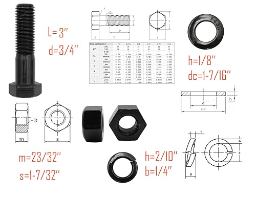 Image of LBY 3 Sets Hex Bolts Kit, 3 /4-10x3'' Hex Head Screws Bolts (Partially Threaded), with Heavy-Duty Nuts, Flat & Lock Washers, Alloy Steel (Black)