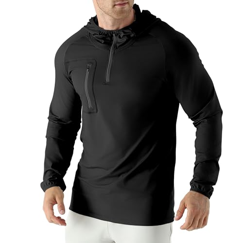 Jupmov 1/4 Reißverschluss Kapuzenpullover Herren Leichte Laufjacke mit Tasche Joggen Sport Sweatshirts Herren(Schwarz XL)