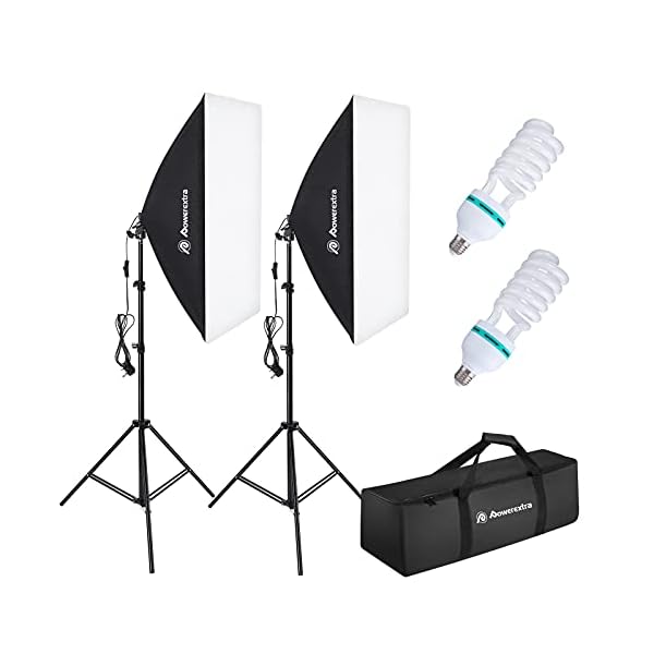 Powerextra Softbox Set Fotostudio 50 x 70cm, Dauerlicht Studioleuchte Set mit 2 Softboxlampen E27 85W 5500K, 2m…