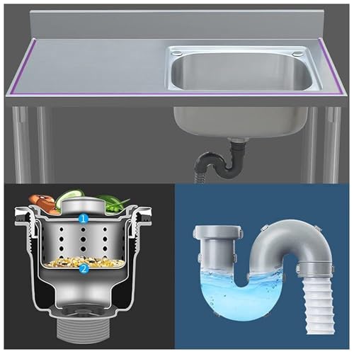 Évier professionnel en acier inoxydable de 120 cm avec support mobile et cuve unique